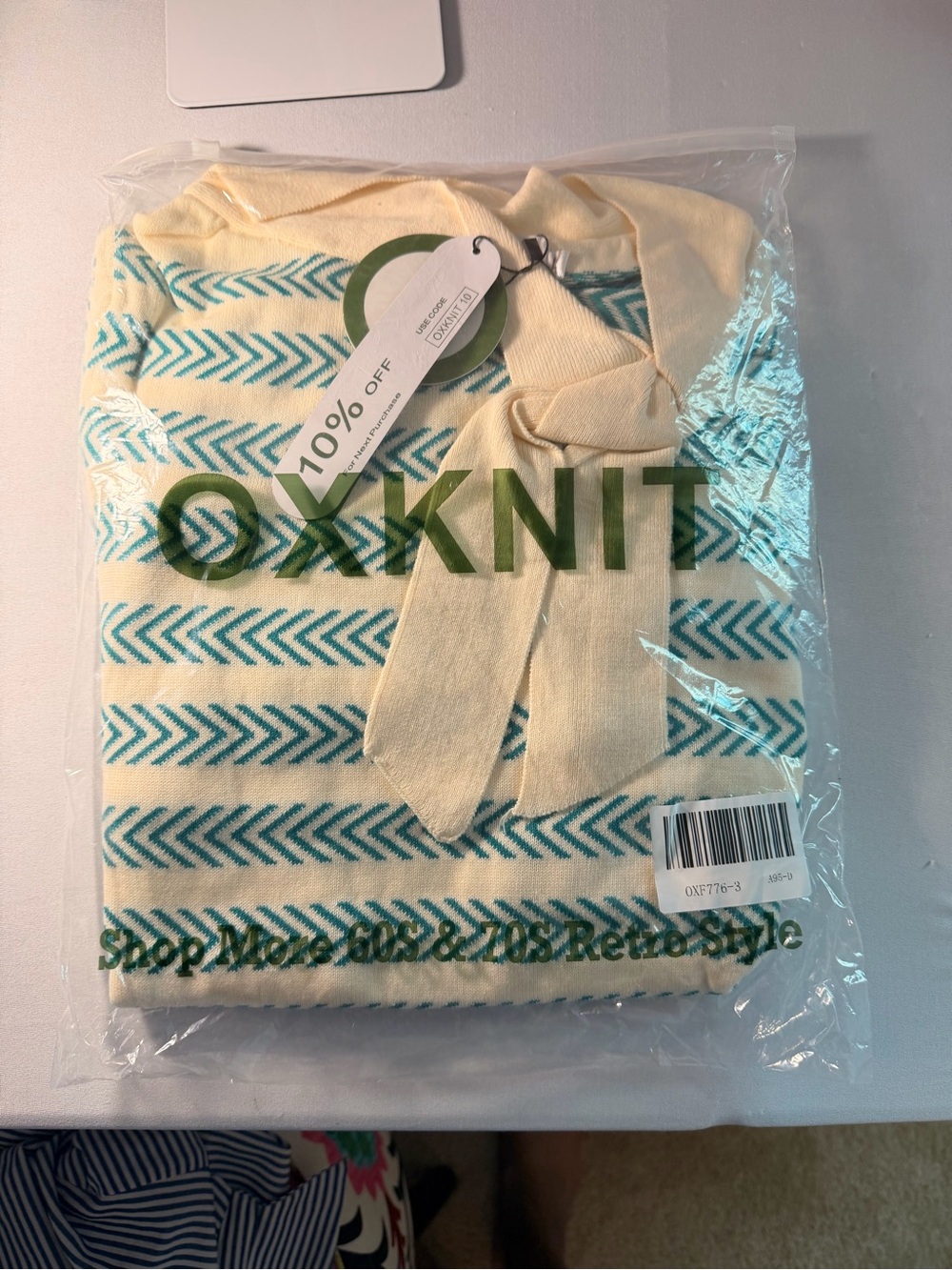 Cream and Teal Striped Tie-Neck Sweater - Picture 2 of 2
